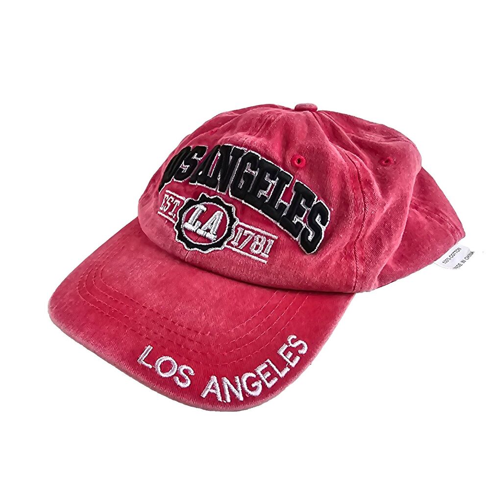 Los Angeles LA Hat Red Embroidered Distressed Washed Cotton Dad Cap Adjustable
